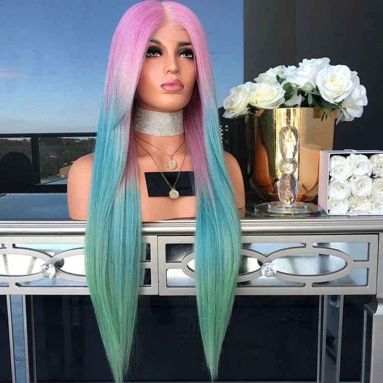 Pink Blue Light Green Rainbow Color Human Hair Virgin Brazilian Lace Front Wig