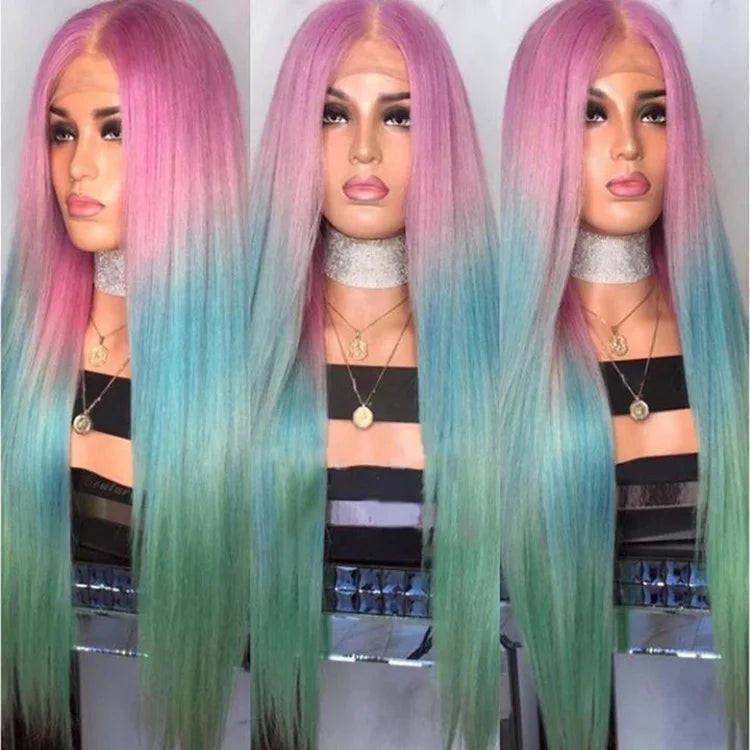 Pink Blue Light Green Rainbow Color Human Hair Virgin Brazilian Lace Front Wig