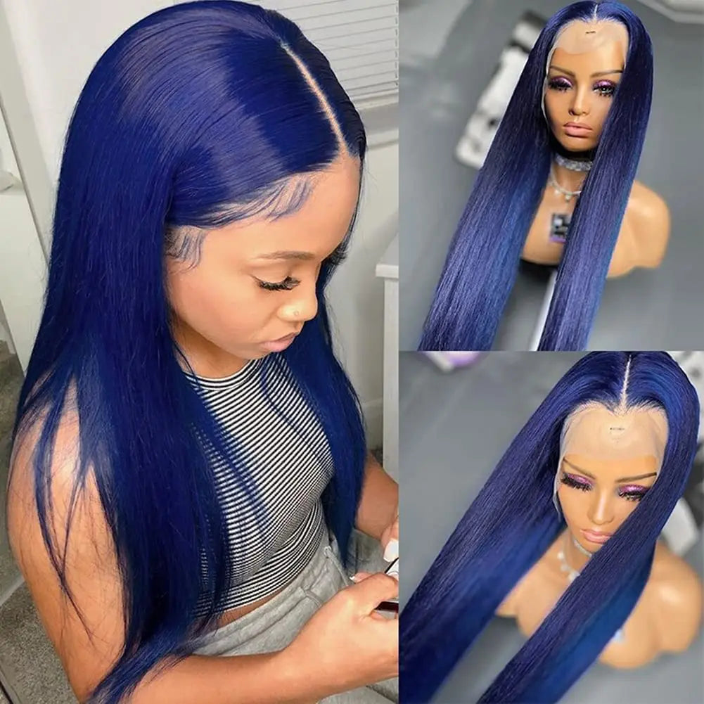 Blue Remy 13*4 Transparent Swiss Lace Frontal Straight INDIAN Human Hair Wigs