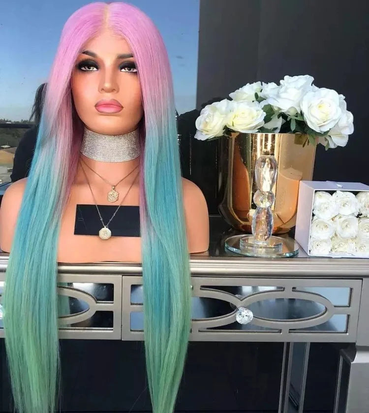 Pink Blue Light Green Rainbow Color Human Hair Virgin Brazilian Lace Front Wig