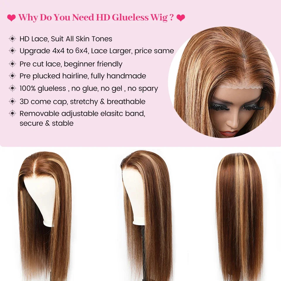 Highlight Glueless Human Hair Pre-Plucked Straight 13x6 HD Lace Front