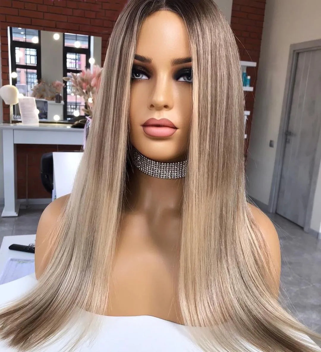 Invisible Knots Virgin Human Hair Wig Blond Highlight Silky Straight Lace Front