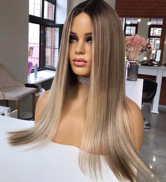 Invisible Knots Virgin Human Hair Wig Blond Highlight Silky Straight Lace Front