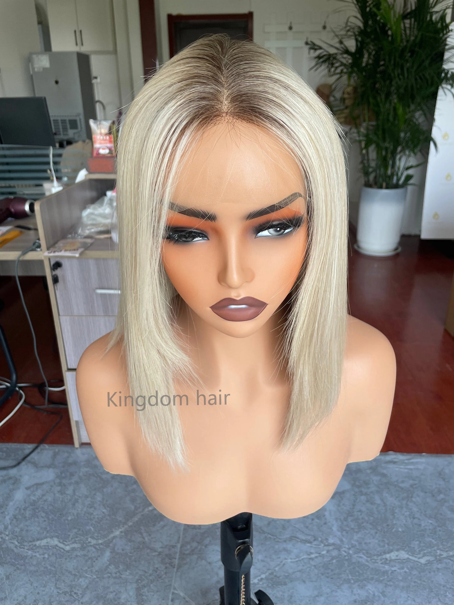 Hair Bob Style Lace Top Platinum Highlight Invisible HD Lace Front Wig