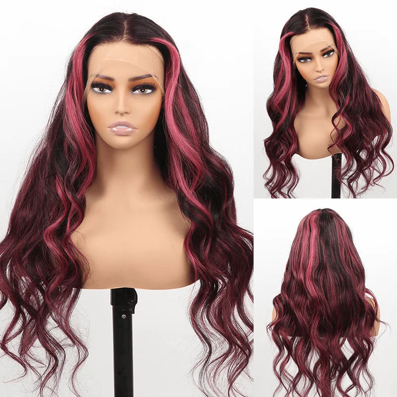 Purple Highlights on Black Hair 13*4 Body Wave Lace Frontal Human Hair Wigs