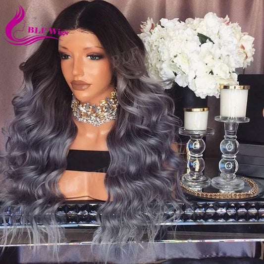 Indian Remy Gray Hair Full Transparent Lace Wig  Human Hair Two-Tone Dark Root