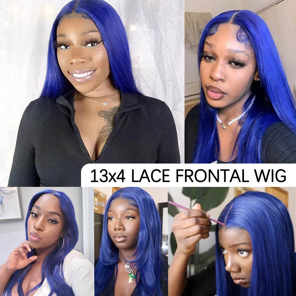 Blue Remy 13*4 Transparent Swiss Lace Frontal Straight INDIAN Human Hair Wigs