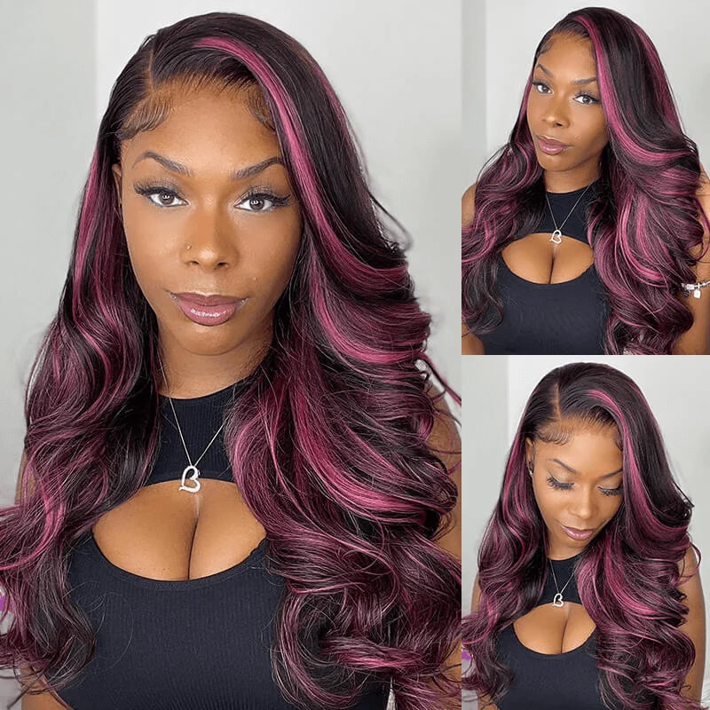 Purple Highlights on Black Hair 13*4 Body Wave Lace Frontal Human Hair Wigs