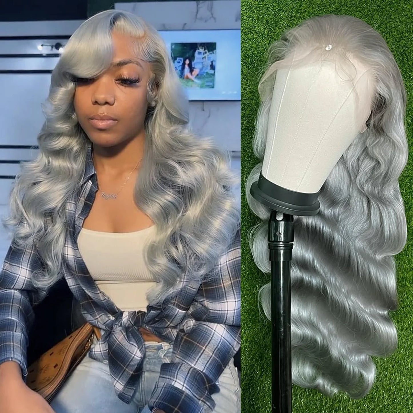 Grey Body Wave Raw Indian Human Hair Invisible 13x6 HD Lace Frontal Wig