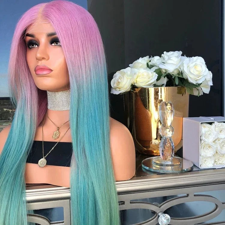 Pink Blue Light Green Rainbow Color Human Hair Virgin Brazilian Lace Front Wig