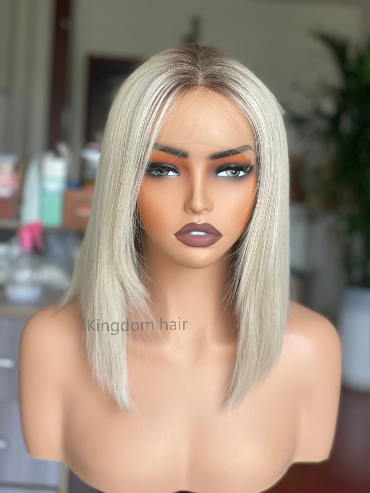 Hair Bob Style Lace Top Platinum Highlight Invisible HD Lace Front Wig