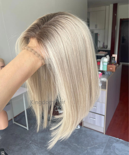 Hair Bob Style Lace Top Platinum Highlight Invisible HD Lace Front Wig